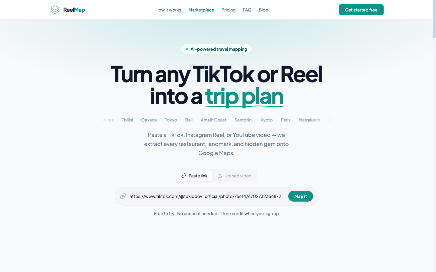ReelMap homepage showing a TikTok URL pasted into the input field, with the Analyze button highlighted