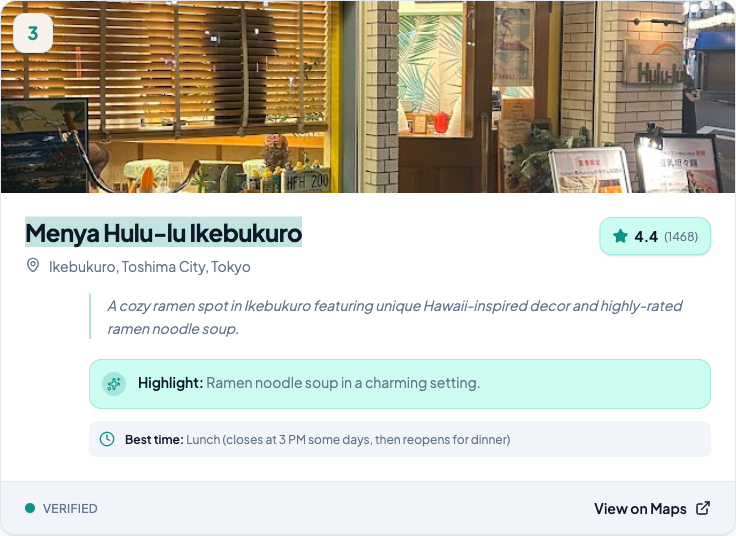 A ReelMap location card for Menya Hulu-lu Ikebukuro showing the restaurant photo, 4.4 Google Maps rating with 1,468 reviews, Tokyo address, highlight tag, best time to visit, and a one-tap link to Google Maps