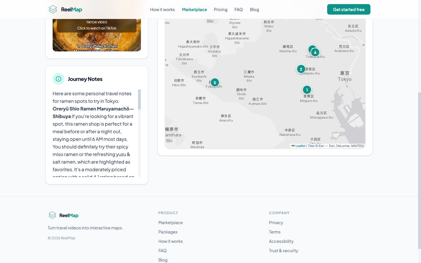 The free ReelMap analysis output for a Tokyo ramen TikTok — six pins on a Google Maps view of central Tokyo, with AI journey notes alongside